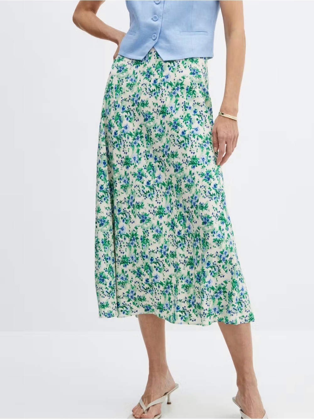 Mango Green and Blue Floral Midi Skirt